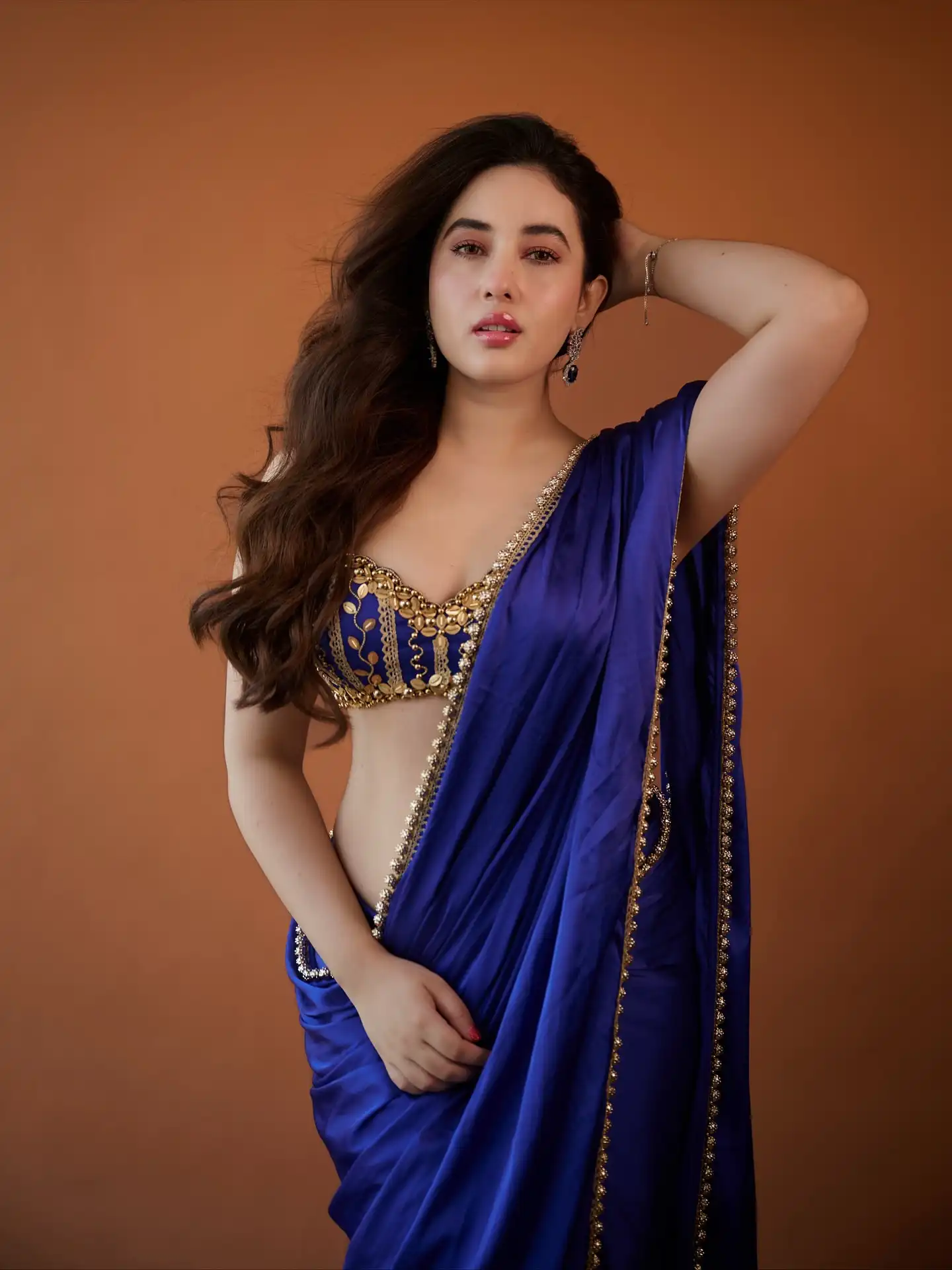 Aditi Budhathoki Glam Look In Blue Saree Designer Blouse