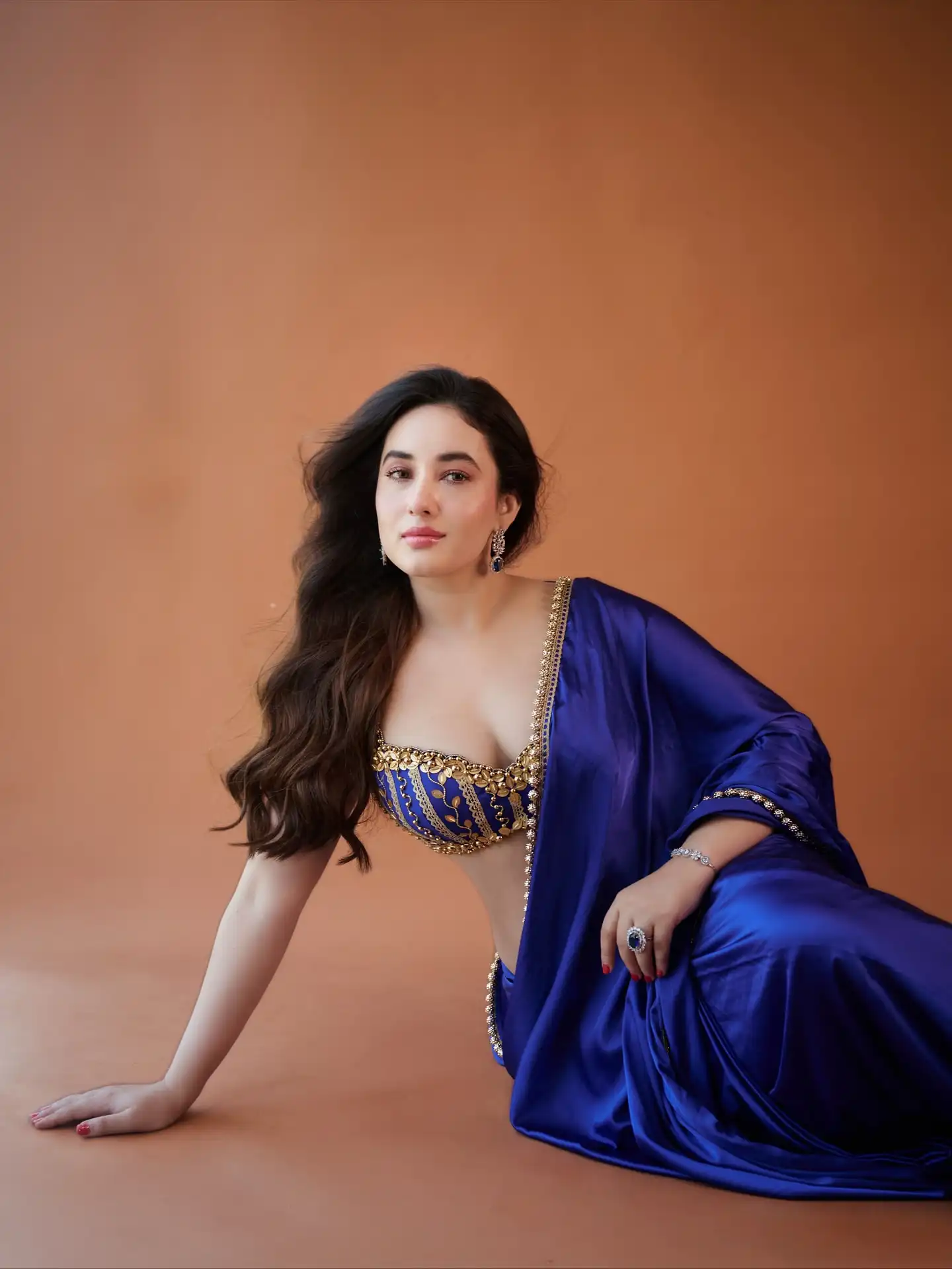 Aditi Budhathoki Stuns In Blue Saree Plunging Neck Blouse