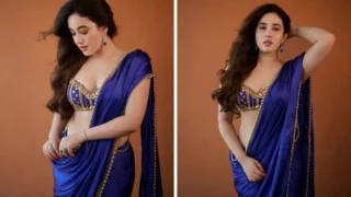 Aditi Budhathoki In Royal Blue Saree With Bold Deep Neck Blouse