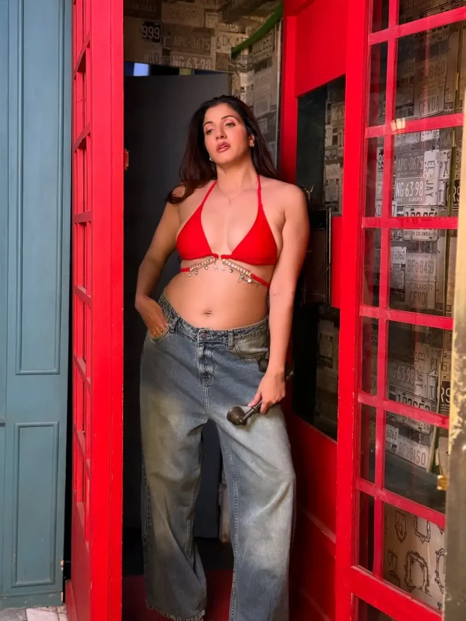 Archana Singh Rajput In Red Bralet And Casual Jeans Bold Look