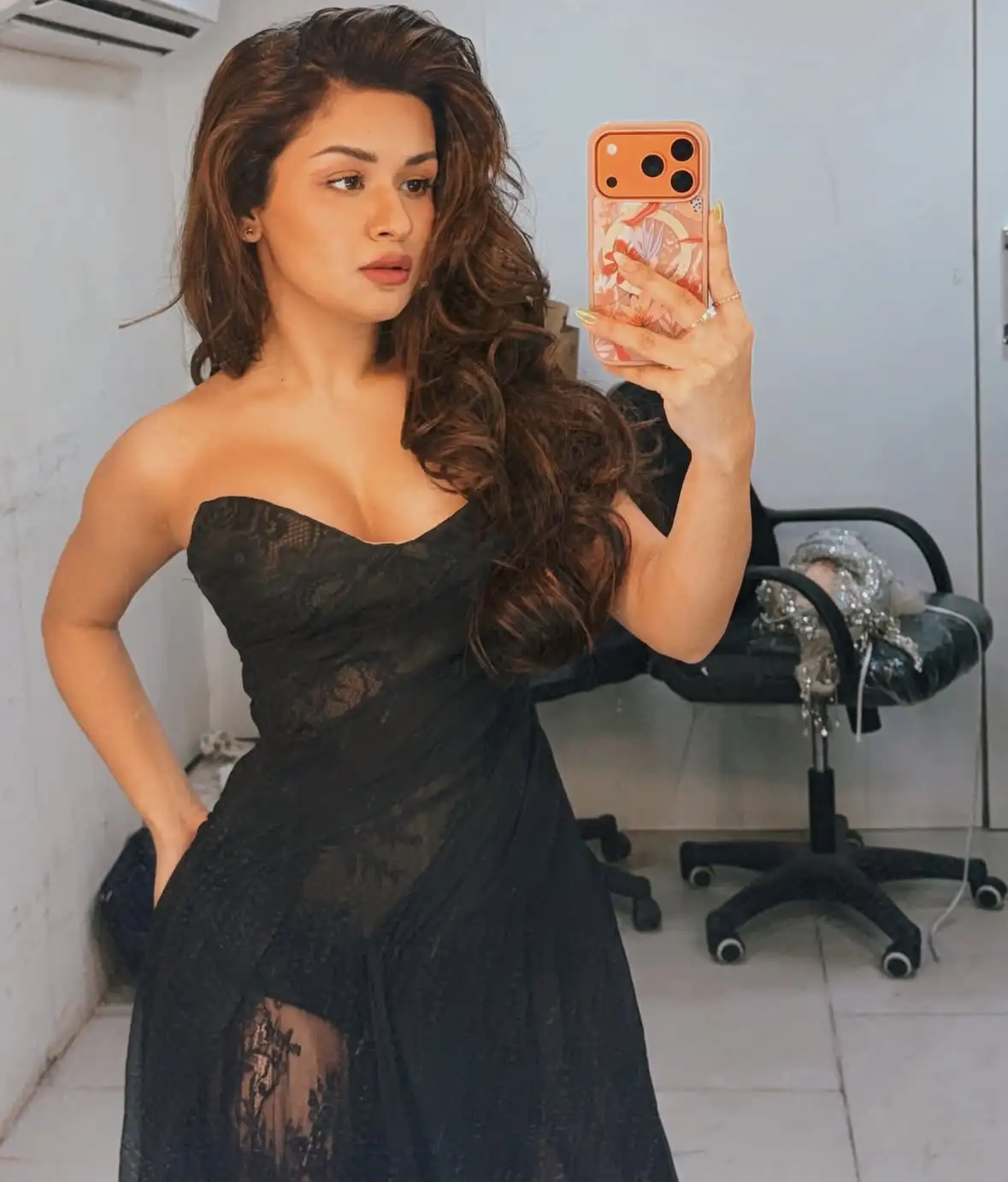 Avneet Kaur Drops A Hot Look In Black Strapless Sheer Lace Bodycon Maxi Dress