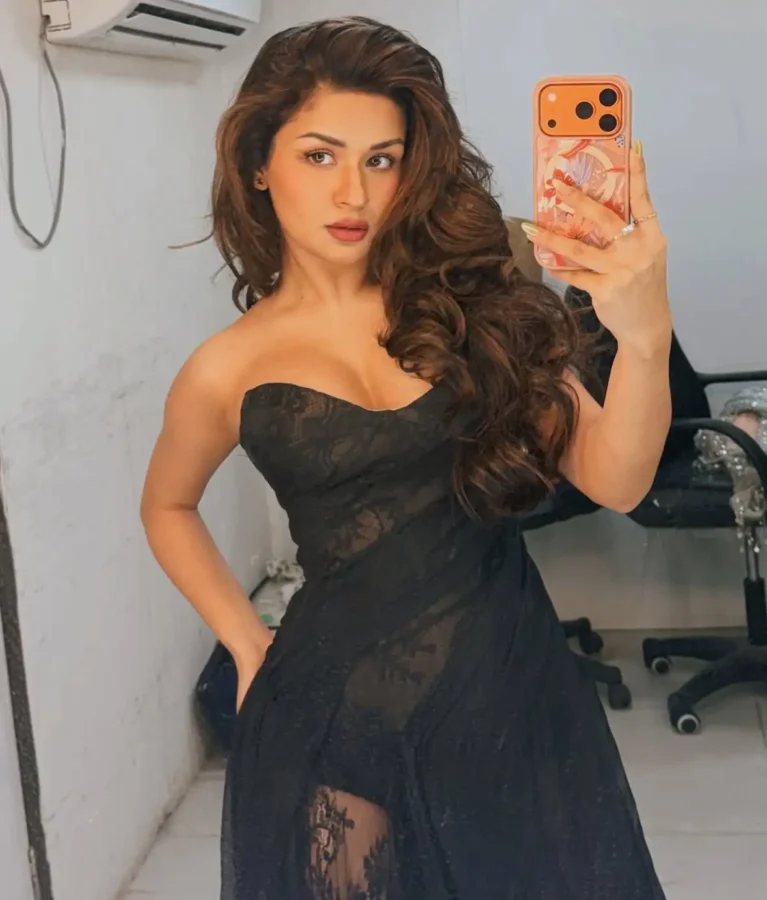 Avneet Kaur Serves Bold Glam In Black Strapless Sheer Lace Bodycon Maxi Dress