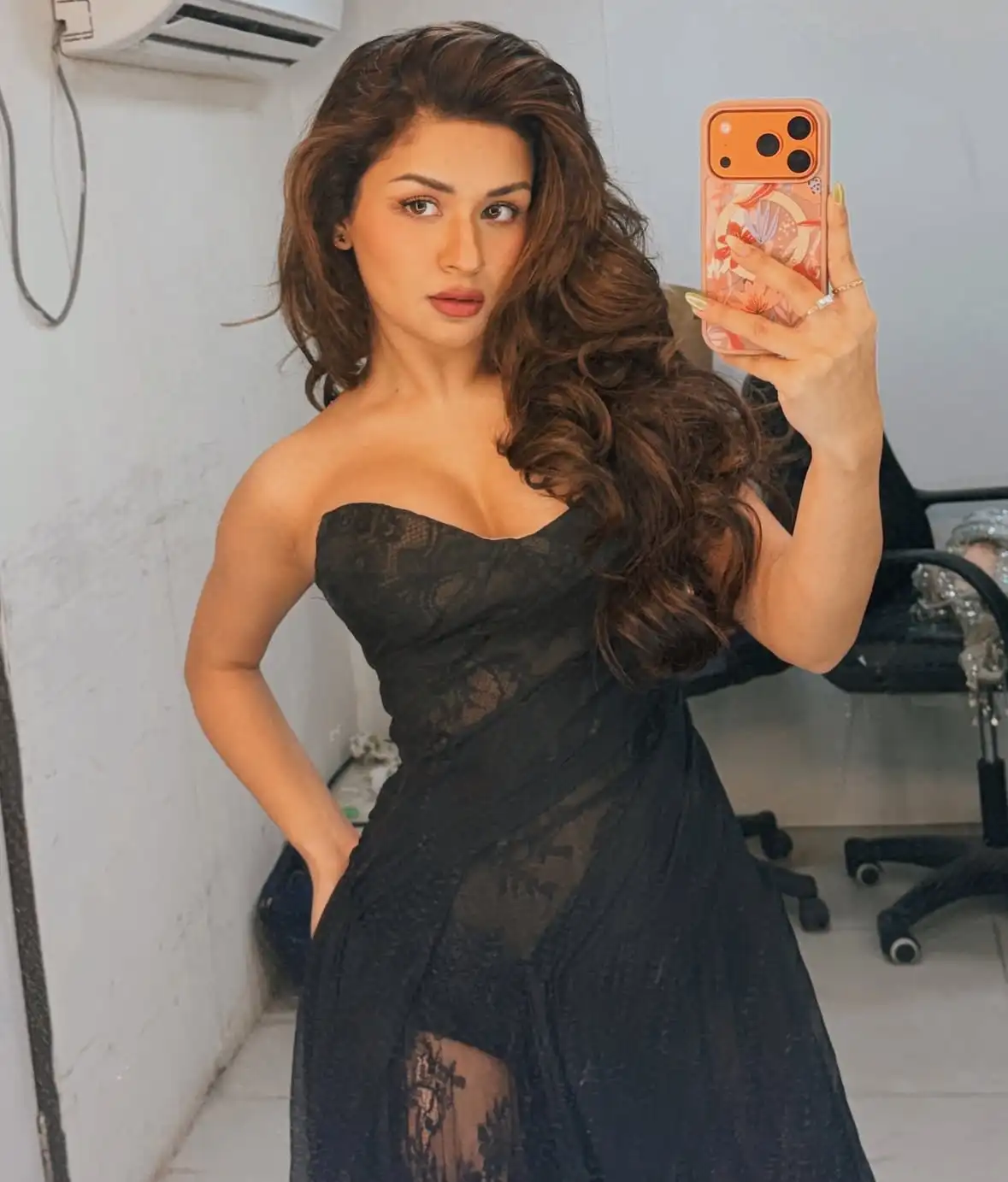 Avneet Kaur Serves Bold Glam In Black Strapless Sheer Lace Bodycon Maxi Dress