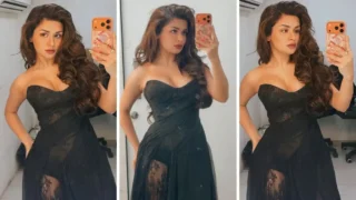 Avneet Kaur Stuns In Black Strapless Sheer Lace Bodycon Maxi Dress