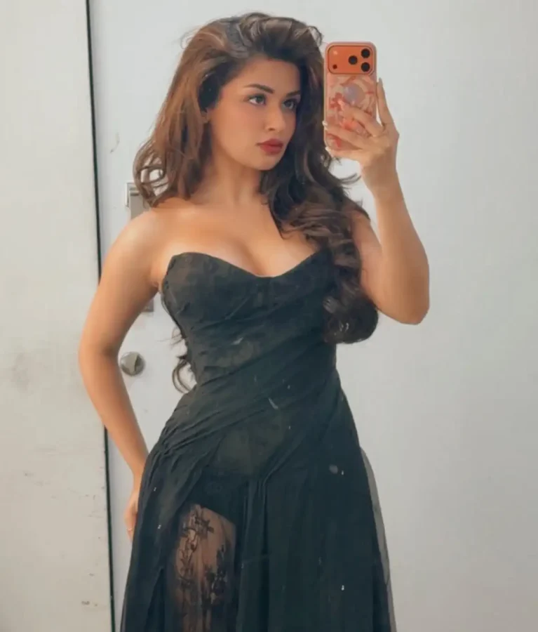 Avneet Kaur Turns Heads In Black Strapless Sheer Lace Bodycon Maxi Dress