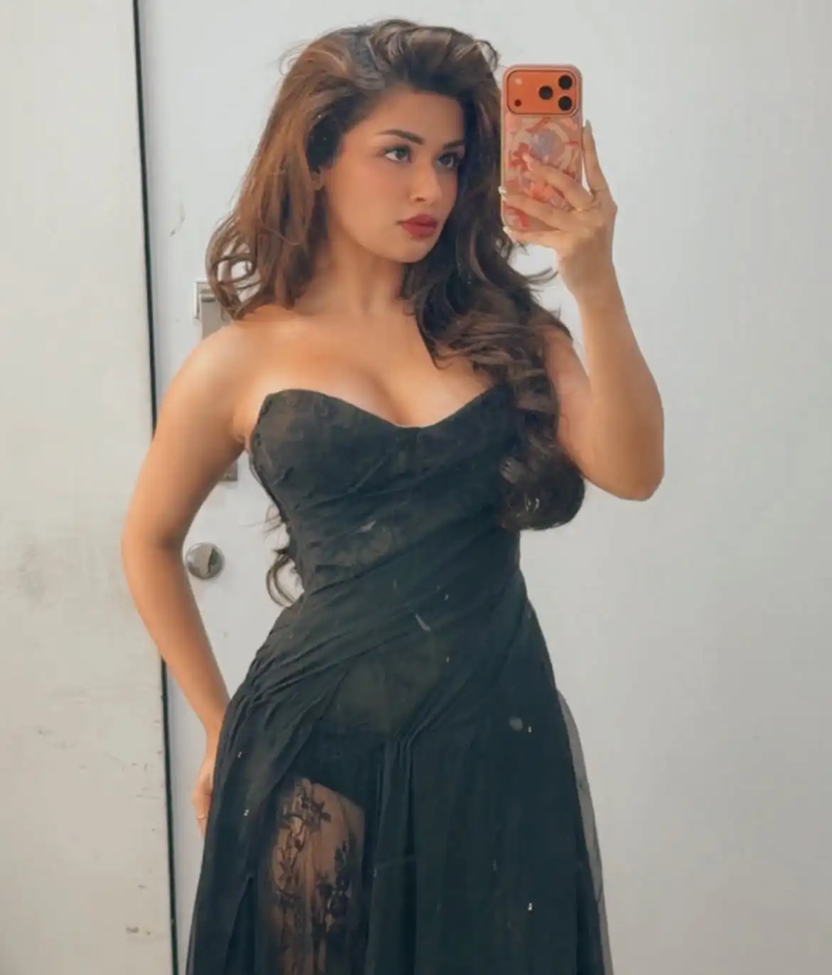 Avneet Kaur Turns Heads In Black Strapless Sheer Lace Bodycon Maxi Dress
