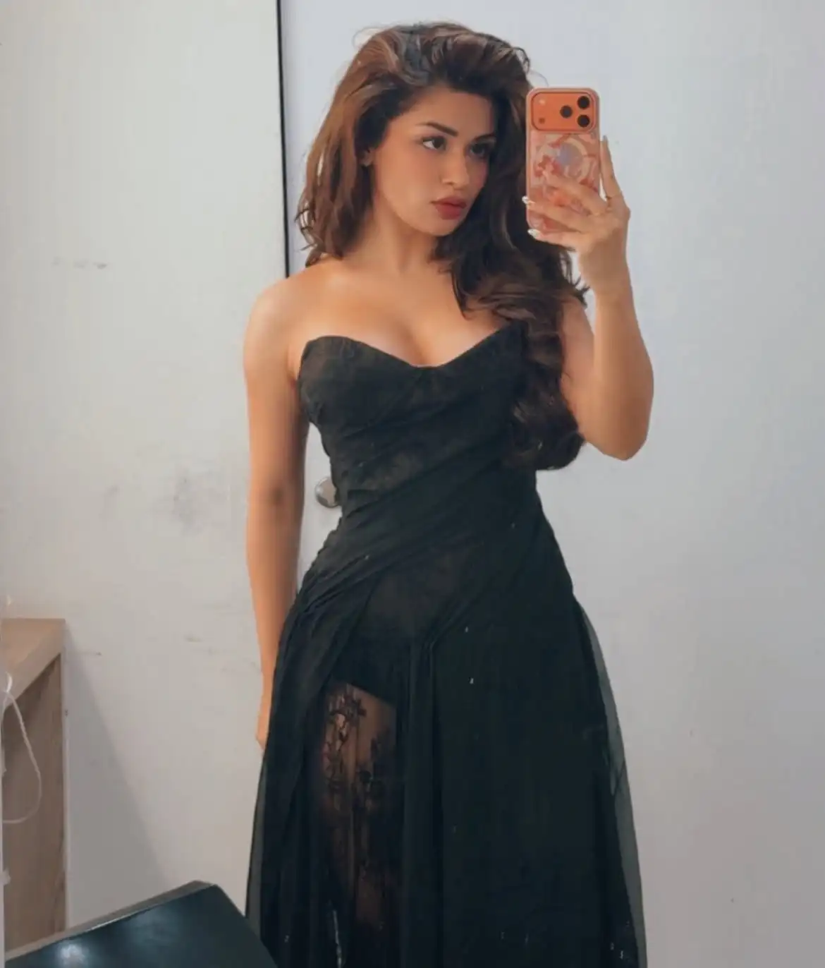 Fans Love Avneet Kaur In Black Strapless Sheer Lace Bodycon Maxi Dress