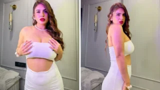 Neha Malik Stuns In A Jaw Dropping Strapless White Dress With Bold Cut Out Curves