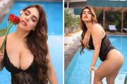 Neha Malik in Black Lace Bodysuit Flaunting Deep Cleavage